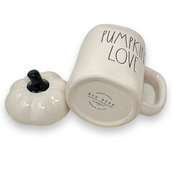 Rae Dunn PUMPKIN LOVE Mug w/Pumpkin Topper White Halloween Ceramic 16 oz NWT - Picture 2 of 4